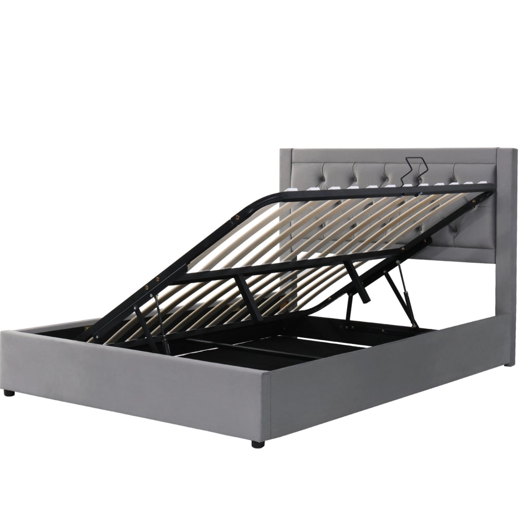 Letto imbottito con contenitore 140x200 cm in velluto grigio; struttura in acciaio