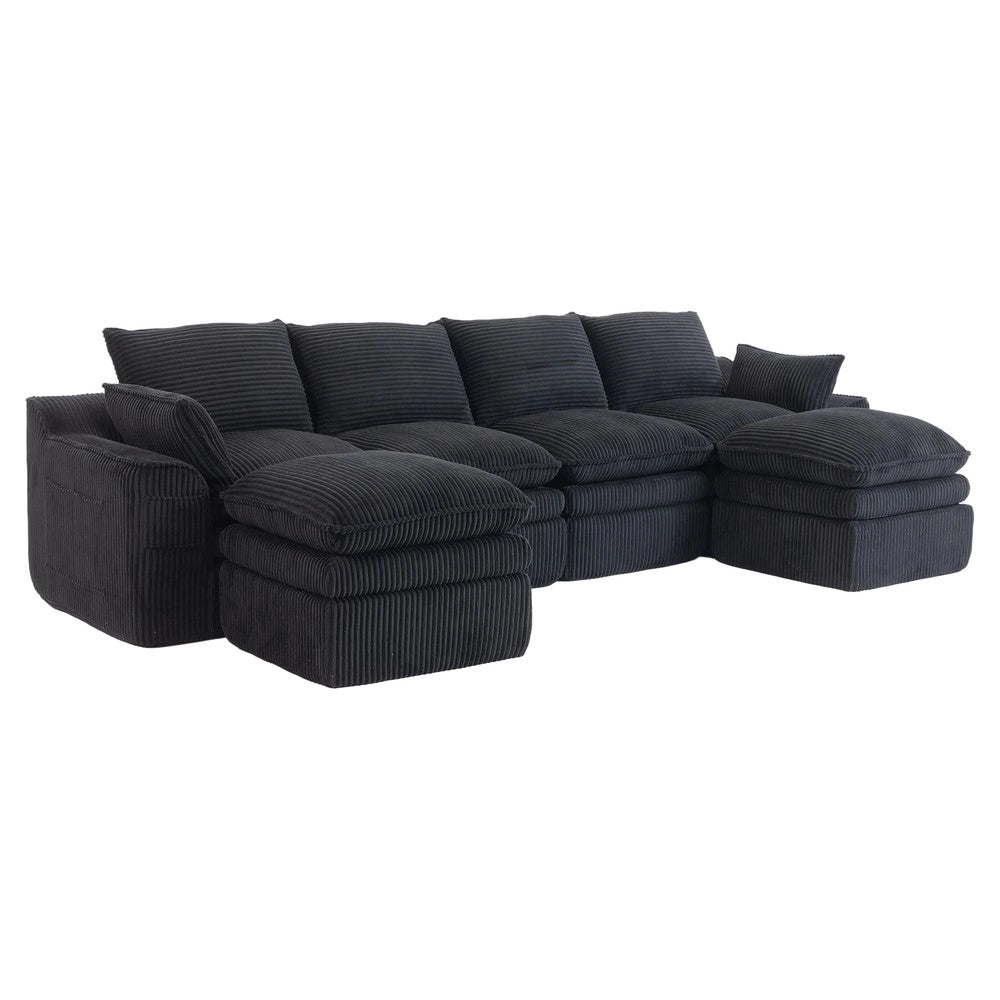 Divano Modulare 4 Posti con 2 Pouf ¨C Xylo ¨C Nero, Tessuto a Coste, Cuscini e Tasche Laterali