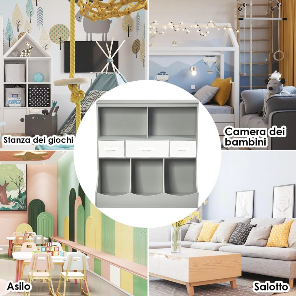 Libreria Contenitore per Bambini, con Ripiani e Cassetti, per Camera dei Bambini, 93 x 40 x 94 cm (Grigio)
