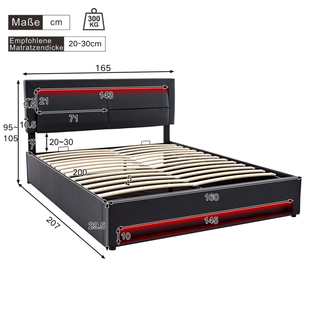Letto imbottito 160x200 cm con LED, USB e ricarica wireless