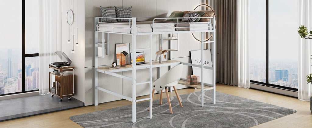 DESMIU Letto a soppalco 90 × 200 cm 1 posto con scrivania, 4 mensole e libreria, senza materasso, in metallo, bianco