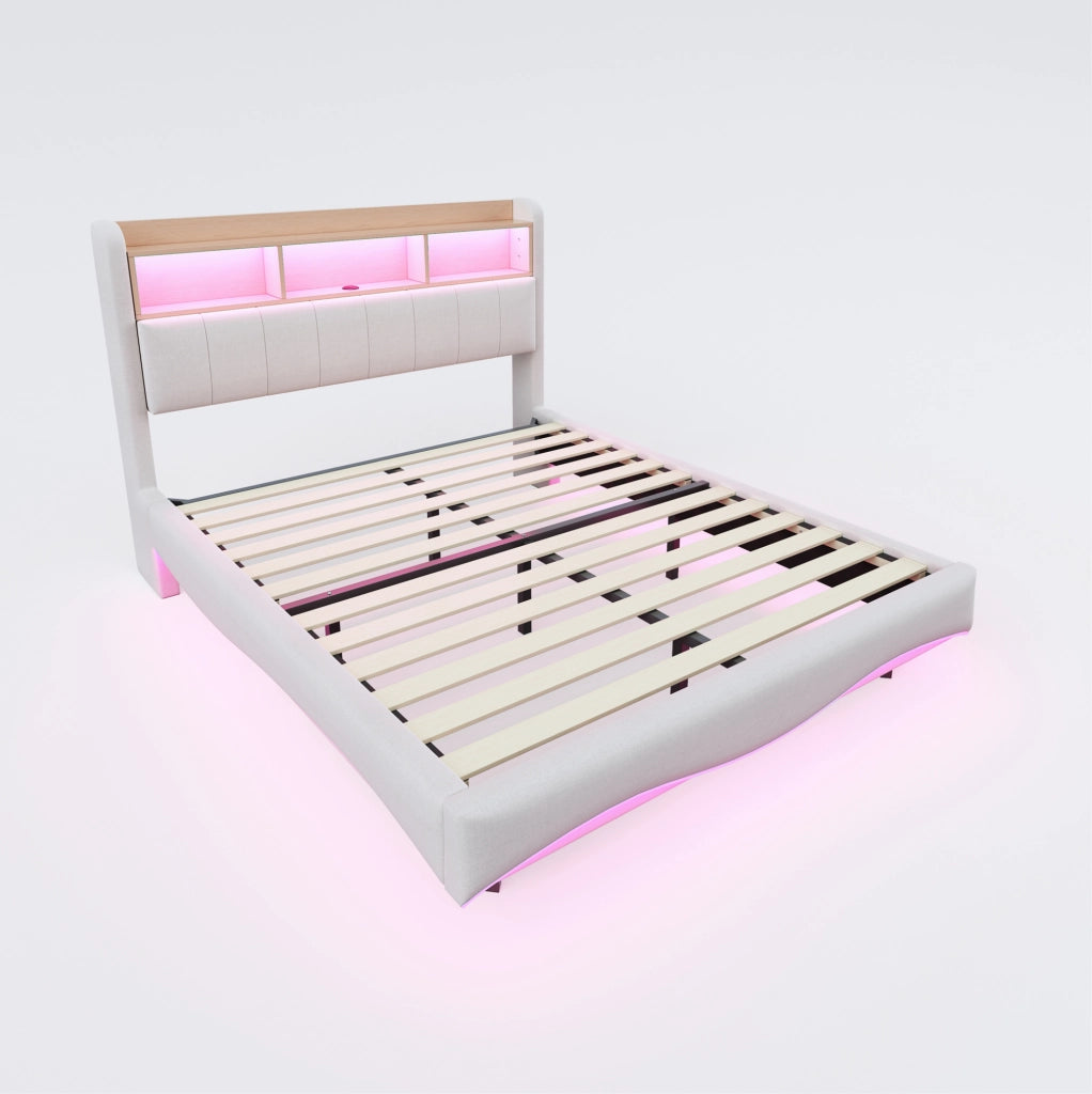 Letto imbottito 140x200 con LED, USB-C, contenitore testata beige
