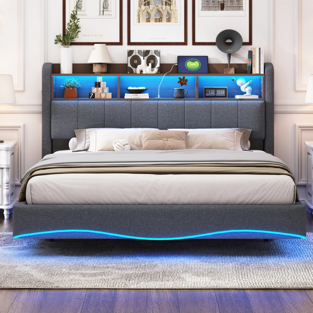 OKWISH Letto Imbottito 160×200 cm, Letto Matrimoniale con LED Regolabile, USB, Type C e Vano Testiera, senza Materasso, Grigio