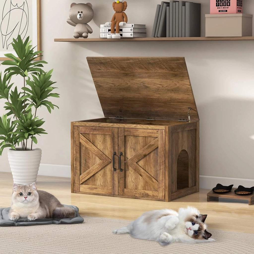 Mobile Lettiera per Gatti in Legno con Piano Ampio e Apribile, Interno Sapzioso e Divisorio Rimovibile, Casetta per Gatti da Interno in Stile Fienile con 2 Ingressi, 80 x 54 x 53,5 cm