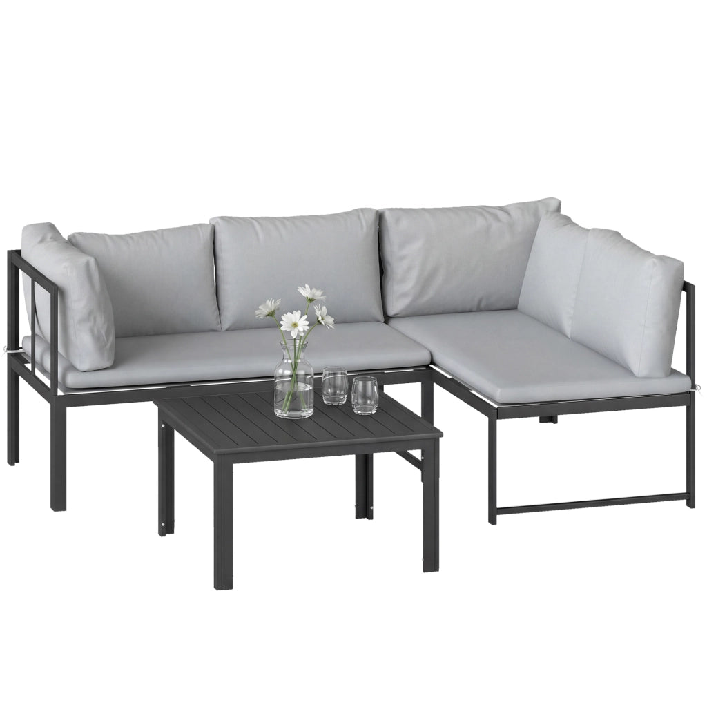 Set da Giardino 3 Pezzi con Divano Angolare 4 Posti e Tavolino ¨C zephmum ¨C Grigio Metallo Poliestere