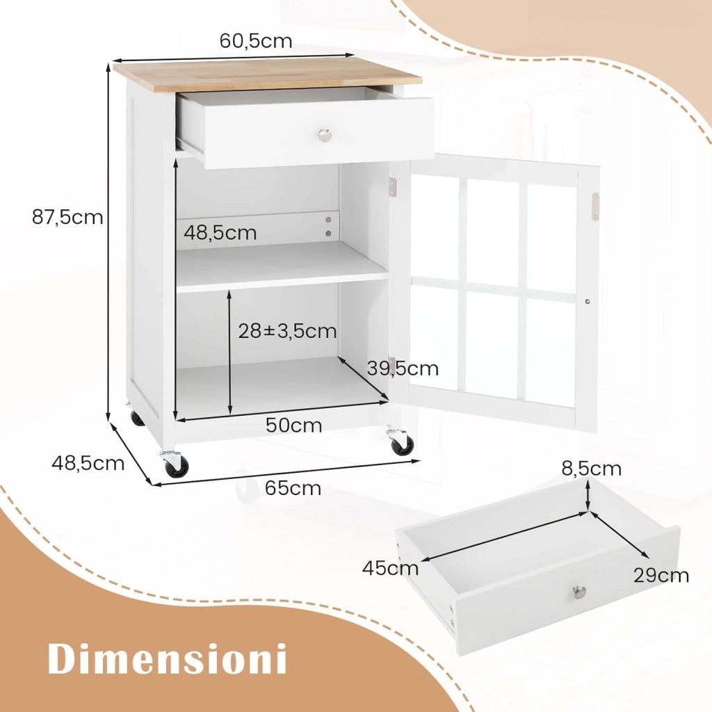 Carrello da Cucina, Armadietto Mobile con Piano in Legno di Gomma Ruote Bloccabili Cassetto e Porta Asciugamani, Carrello Isola da Cucina, 65x48,5x87,5 cm