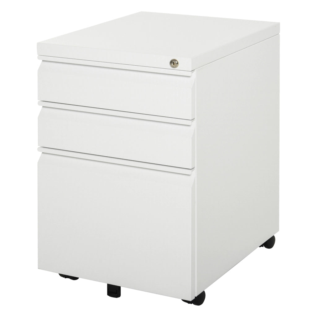 Mobiletto da ufficio mobile con 3 cassetti e ruote, in acciaio compatto con maniglia concava, colore bianco, dimensioni 39x48x60 cm.