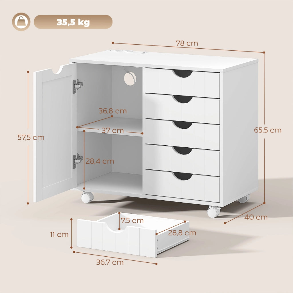 Scrivania Computer con Cassettiera Mobile ¨C Xylo ¨C 5 Cassetti Porta USB Ripiano Regolabile Ruote Bianco