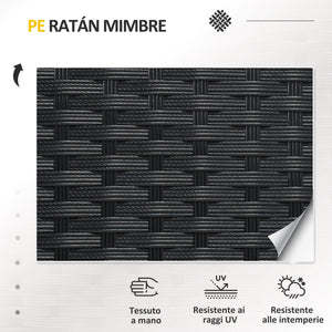 Set Salotto da Giardino Divano 2 Poltrone con Cuscini e Tavolino in Vetro in Rattan PE Nero e Grigio