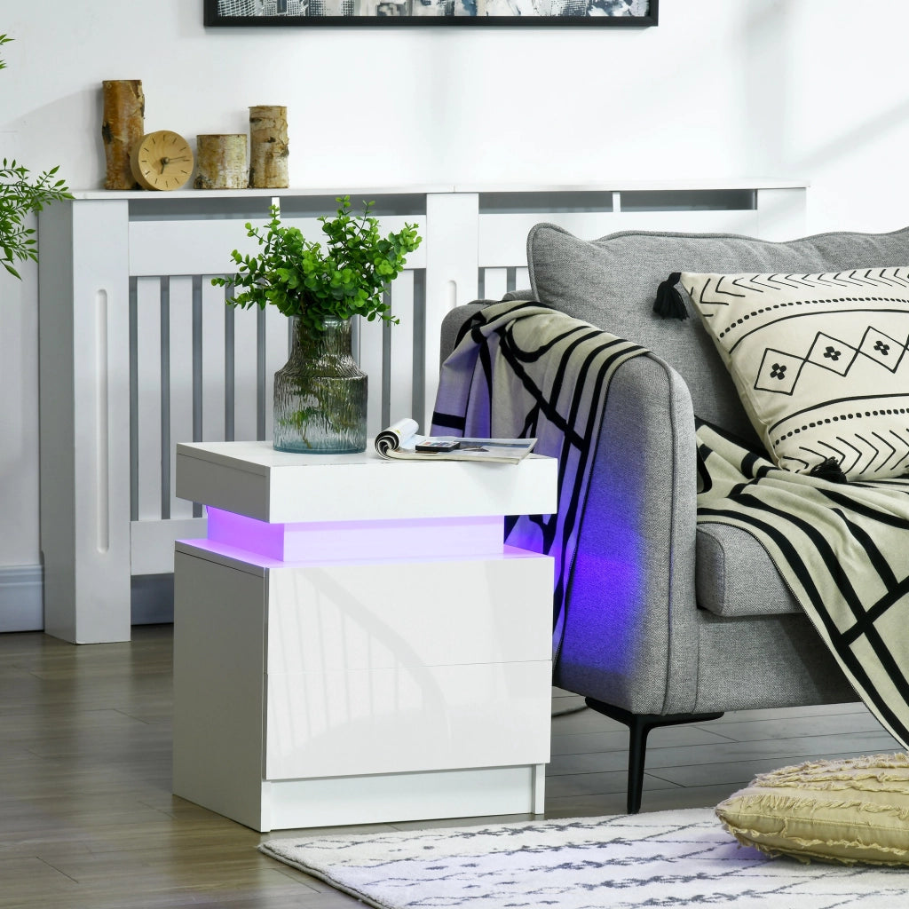 Comodino con 2 cassetti e LED RGB ¨C zephmum ¨C Legno, Bianco, 45x35x52 cm