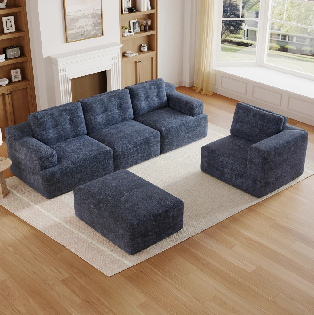 Divano modulare a U 5-6 posti con pouf in ciniglia blu