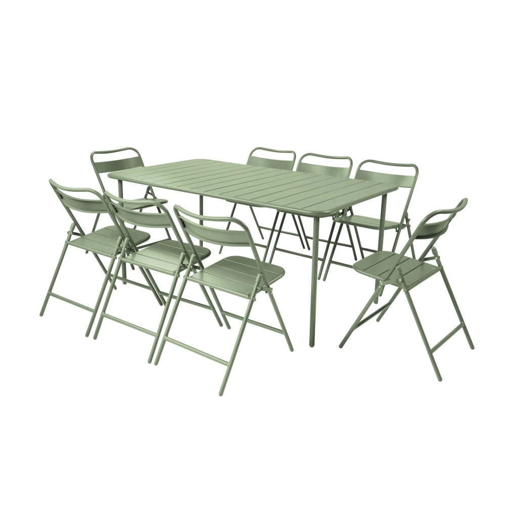 Set tavolo da giardino in acciaio con 8 sedie pieghevoli, 160cm, verde