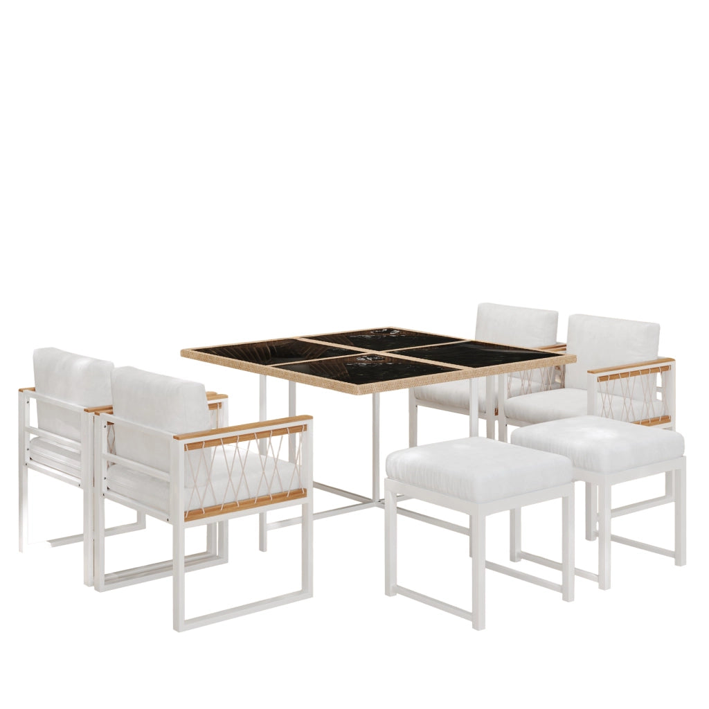 Set da pranzo per esterni da 6 posti con tavolo quadrato, 4 sedie e 2 pouf, struttura in acciaio, nero e bianco