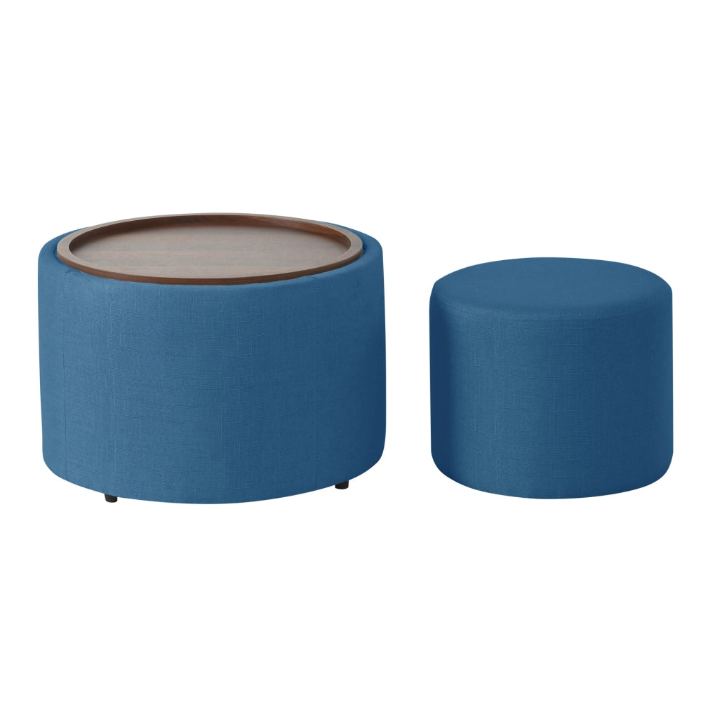 Set di 2 pouf contenitore blu con vassoio in legno