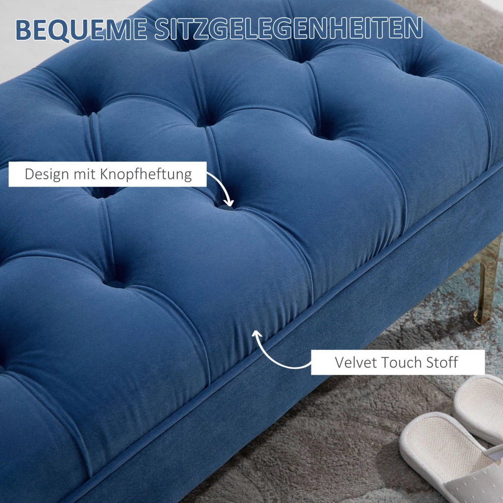 Panca da letto pouf imbottito multifunzionale con seduta trapuntata e gambe dorate in velluto blu 118 × 45 × 42 cm