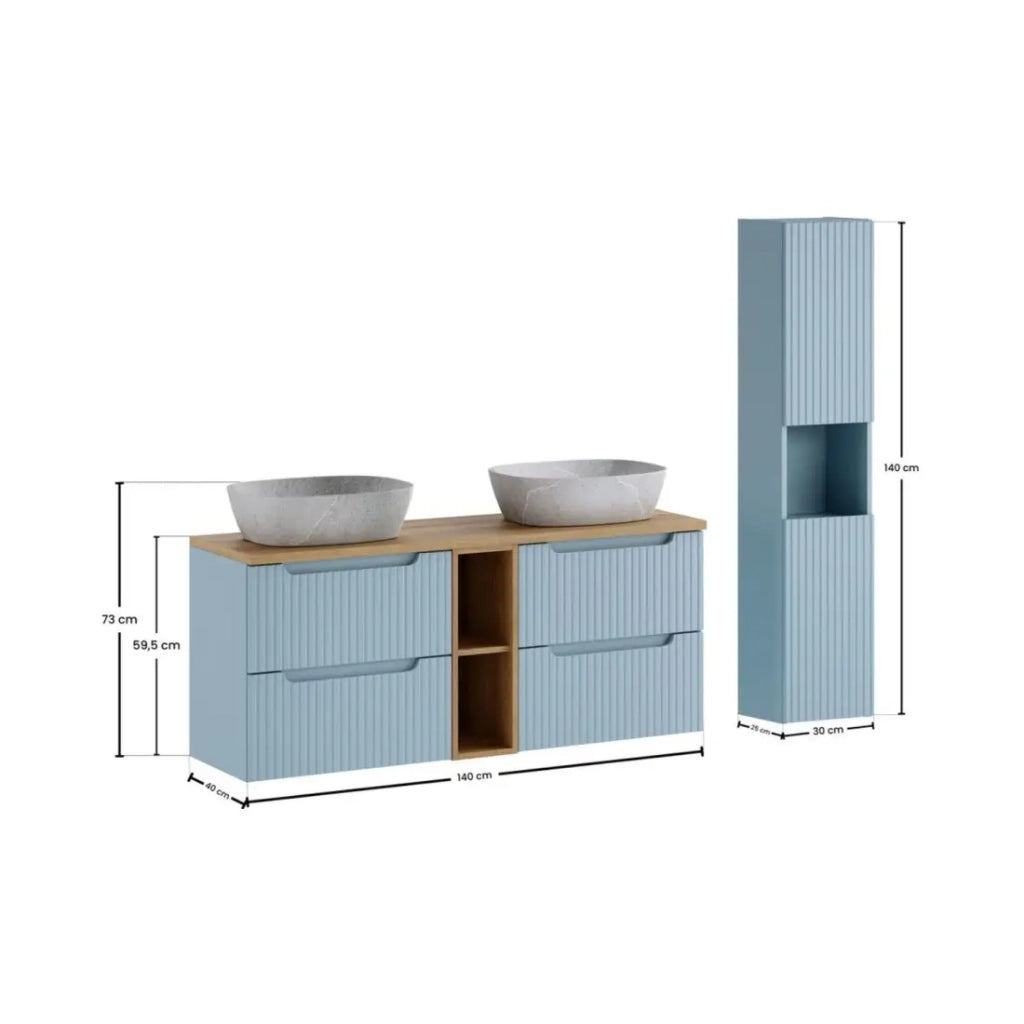Set VANO blu denim e quercia chiara 170cm : mobili sotto lavabo con cassetti e nicchie a vista + lavabi grigi + colonna