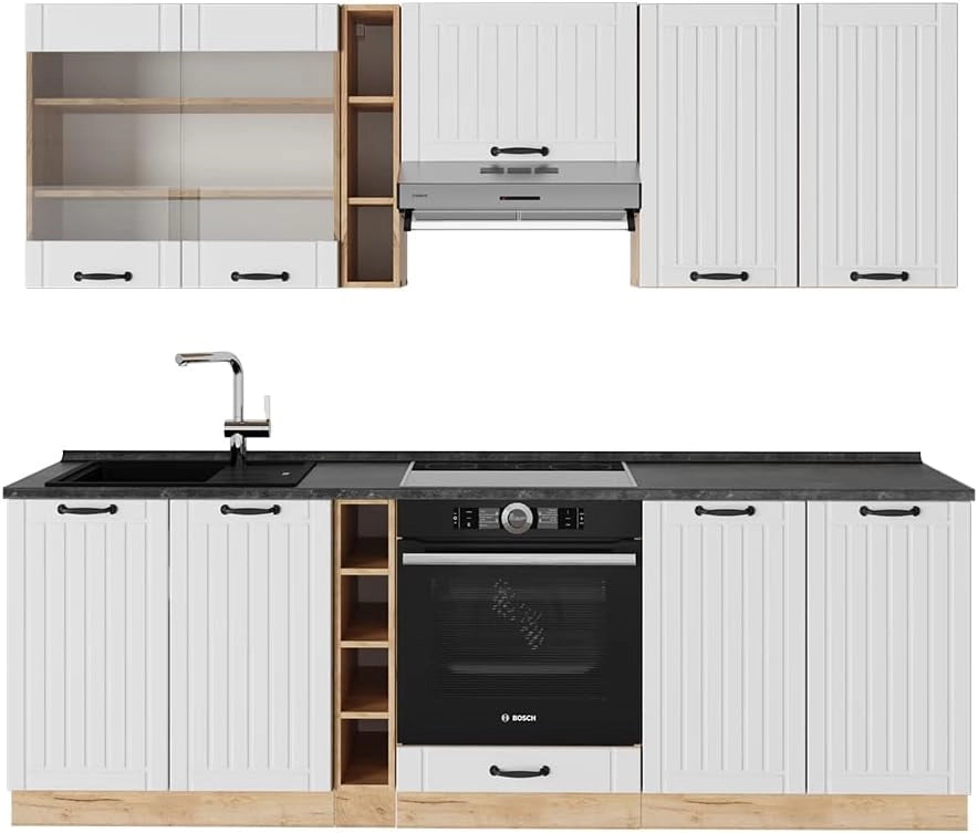 Cucina componibile Fame-Line, Bianco casa di campagna, 235 cm senza piano di lavoro