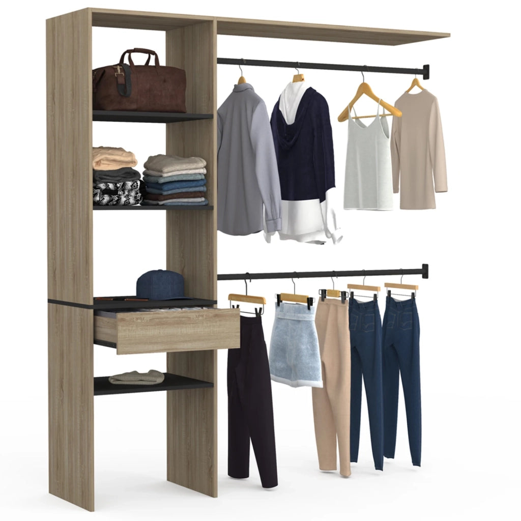 IDMarket - MELINE 160 x 40 x 180 cm set spogliatoio in faggio con ripiani neri + cassetto + armadio doppio