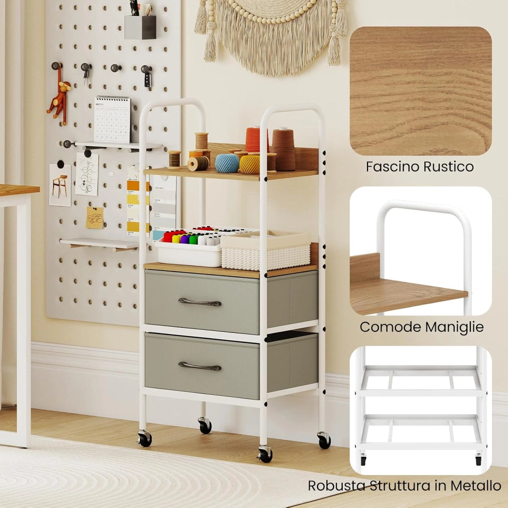 Carrello Mobile con Rotelle, Supporto per Stampante con 2 Ripiani Aperti e 2 Cassetti in Tessuto, Organizer Multiuso con 4 Ruote per Camera da Letto, Ufficio e Cucina