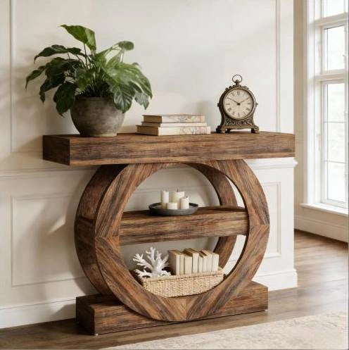 Tavolo consolle rustico 105x30x85 cm con 3 ripiani aperti; legno marrone rustico