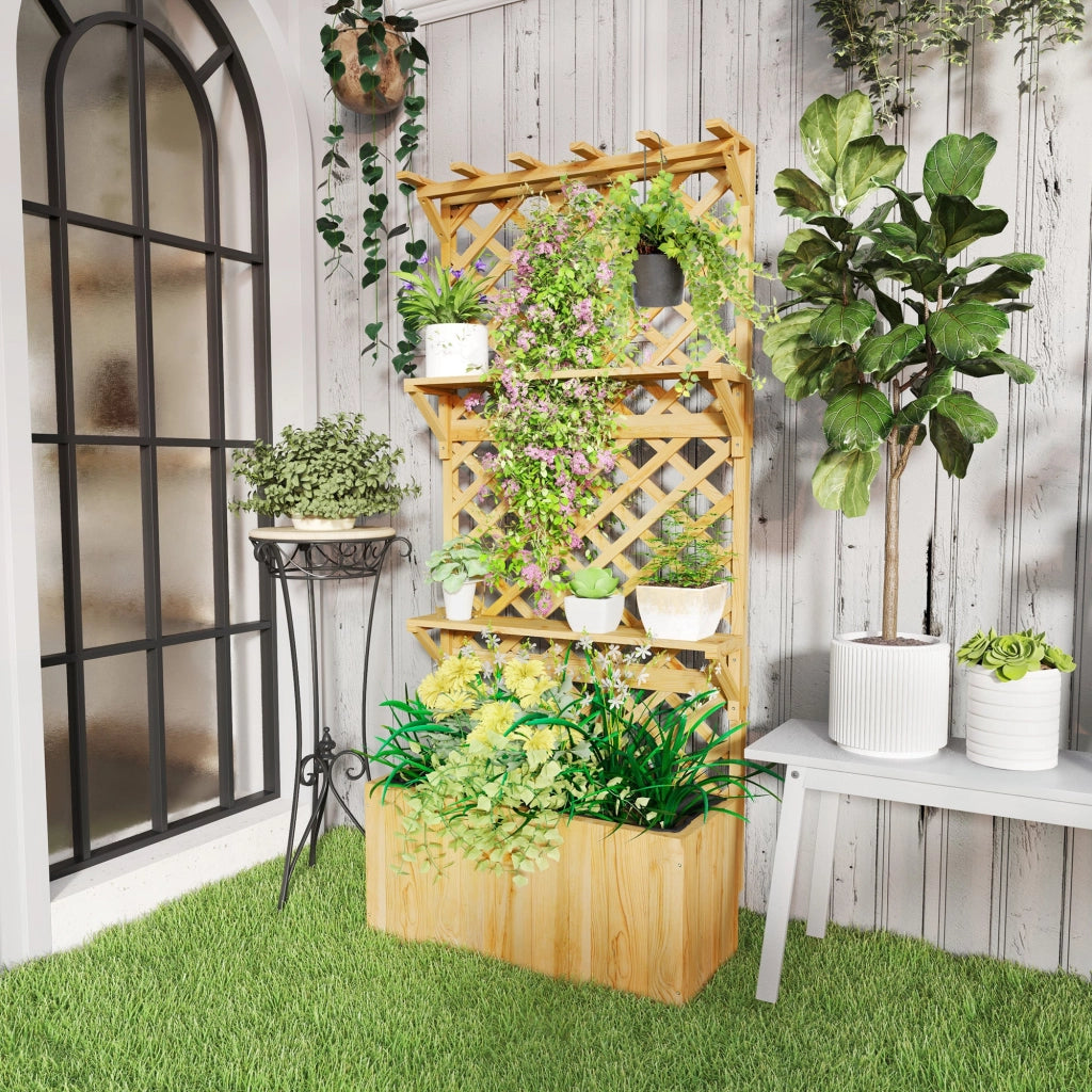 Fioriera Rettangolare con Traliccio per Piante Rampicanti 76x33x177 cm Fori di Drenaggio e 2 Mensole in Legno di Abete