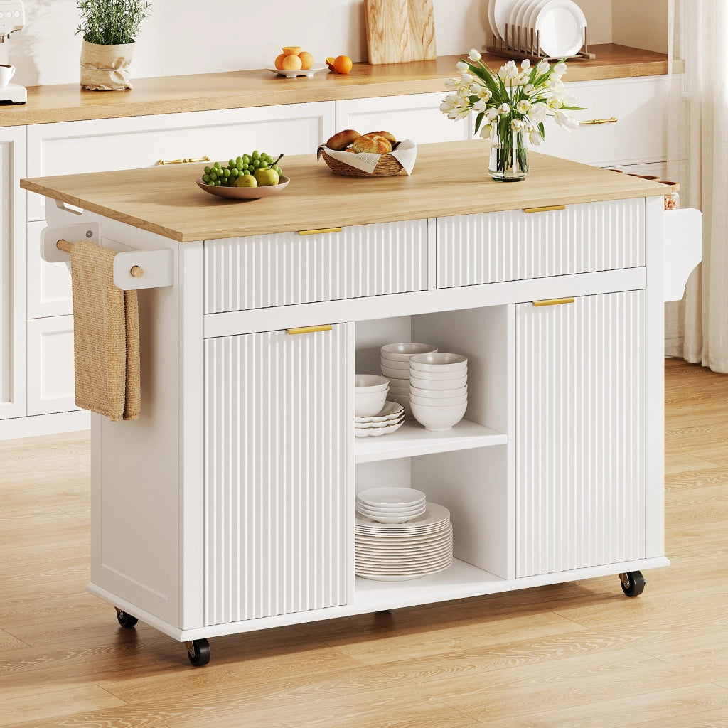 Isola da cucina su ruote 143 x 45 (69) cm con piano ribaltabile, 2 cassetti, 2 ante e vano porta spezie