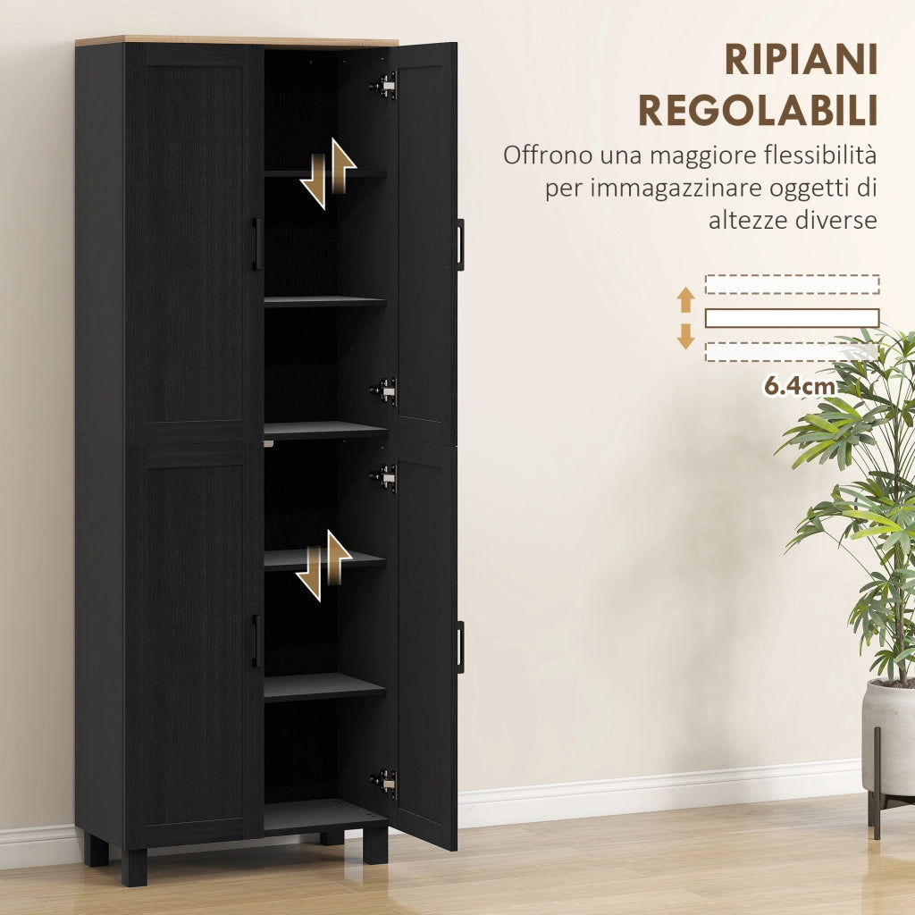 Mobile Dispensa da Cucina 60x30x170,5 cm con 5 Ripiani Regolabili e 4 Ante in Legno Nero