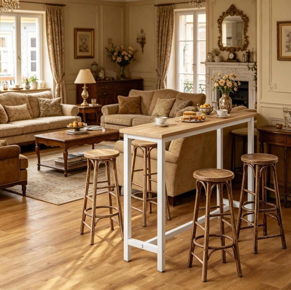 Tavolo bar alto in MDF e metallo bianco e rovere chiaro