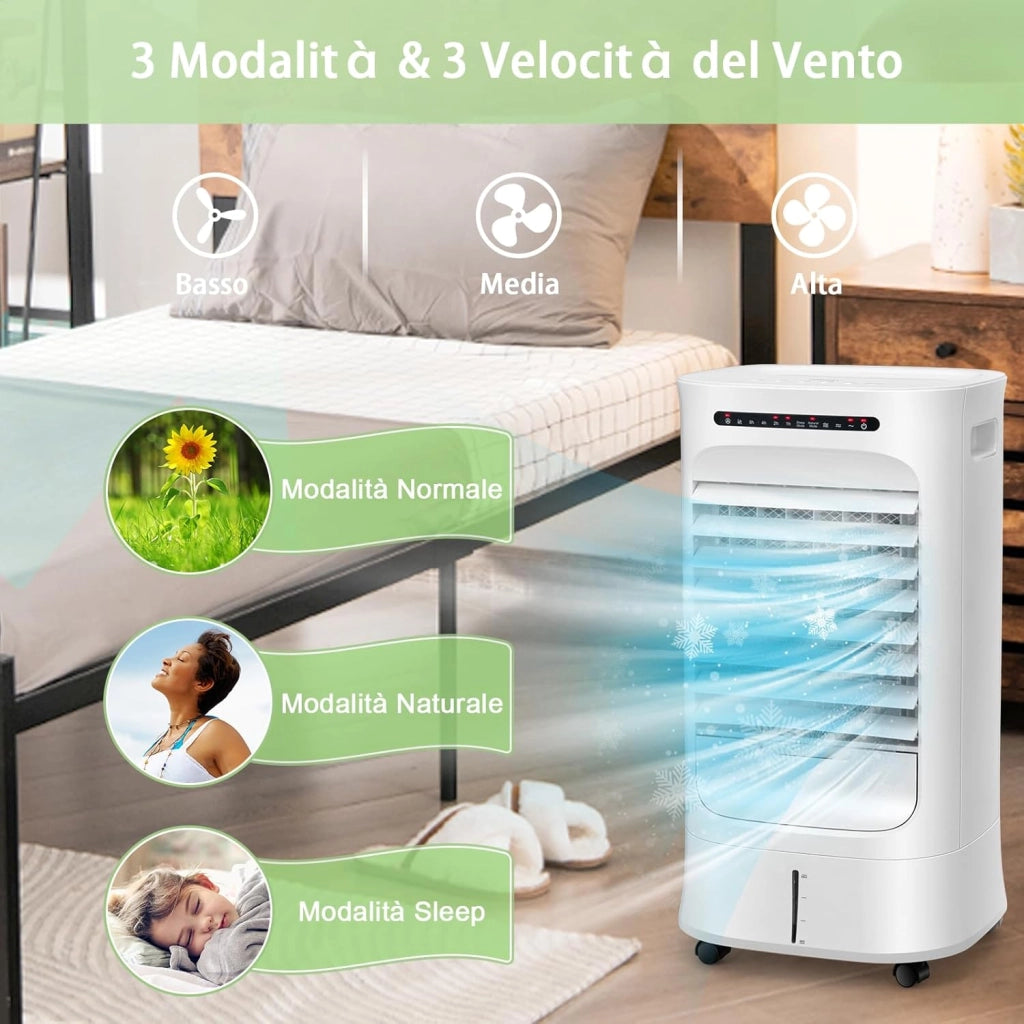 Ventilatore Condizionatore Portatile, 4 in 1 Ventilatore, Umidificatore, Purificatore d'Aria, Climatizzatore, Timer 15H, 3 Modalità & 3 Velocità, Telecomando, 2 Confezioni di Raffreddamento