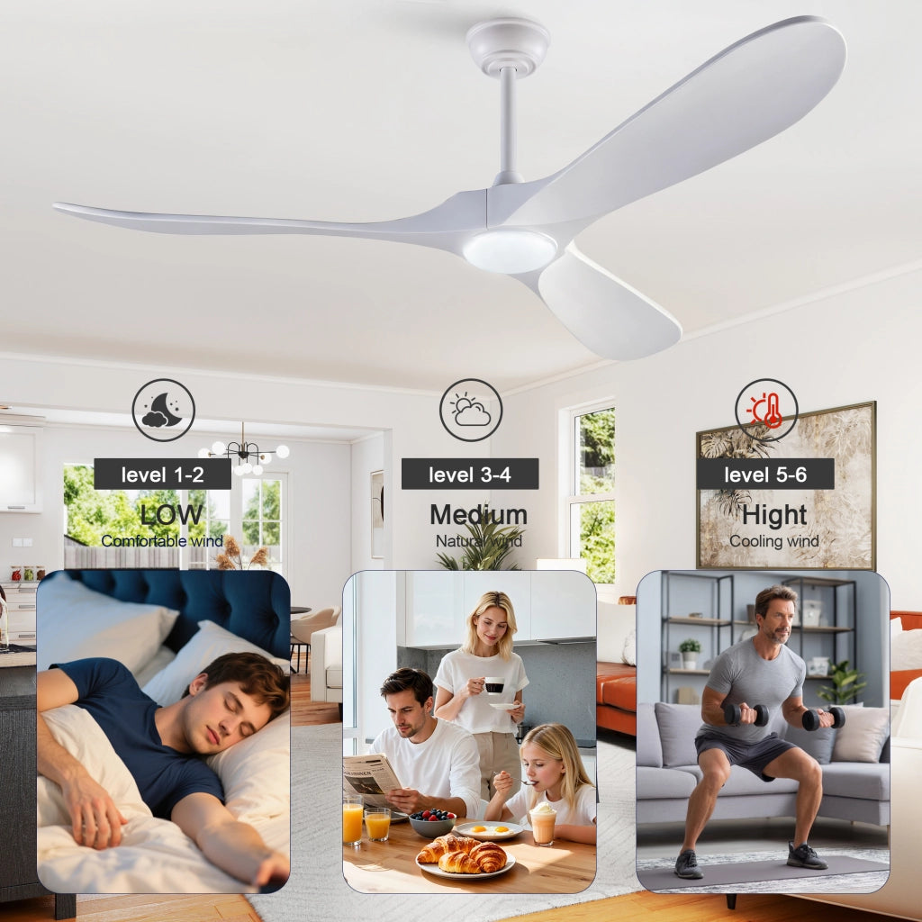 Ventilatore da soffitto da 60 pollici con luce LED; 3 pale in legno massello e telecomando; bianco