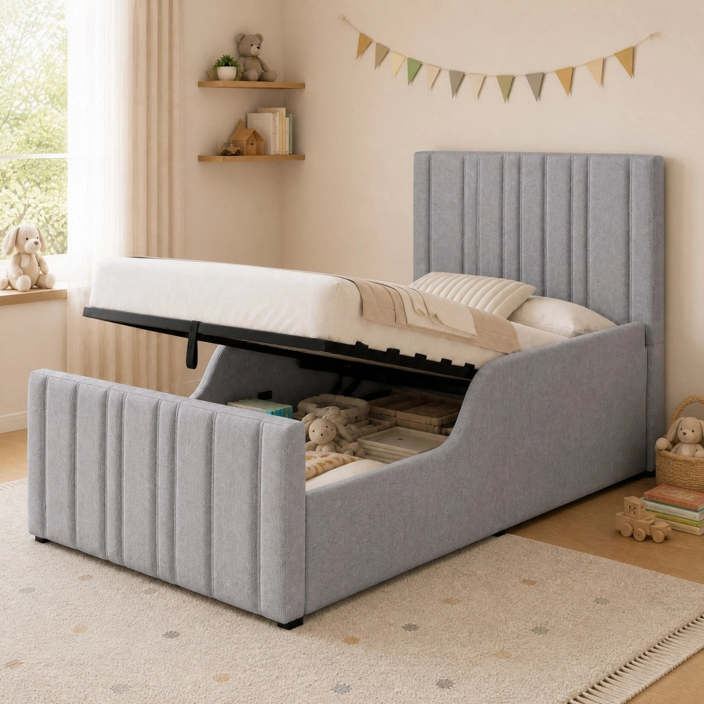 Letto singolo imbottito per Bambini con contenitore idraulico, rete a doghe, testiera e rivestimento in lino grigio 90x200 cm