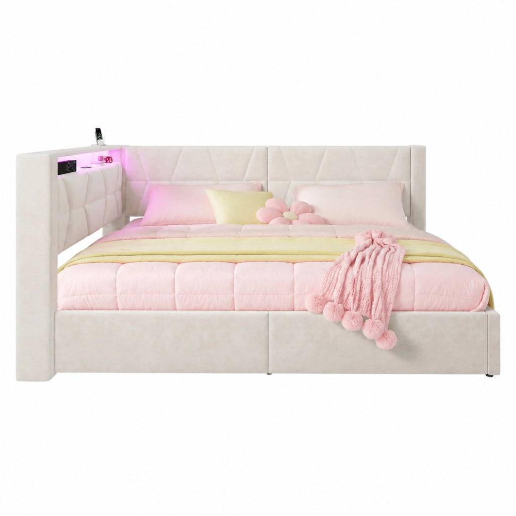 Letto imbottito 90x200 cm con contenitore, LED, USB e Type-C