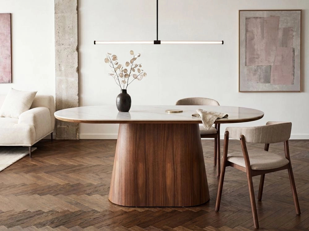 Tavolo da pranzo ovale 180 x 90 cm Gamba in legno MDF impiallacciato frassino Finitura stile moderno