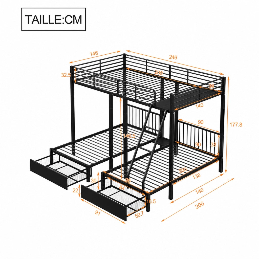 DESMIU Letto a castello 140 × 200 cm 3 posti con 2 cassetti, senza materasso, in metallo, nero