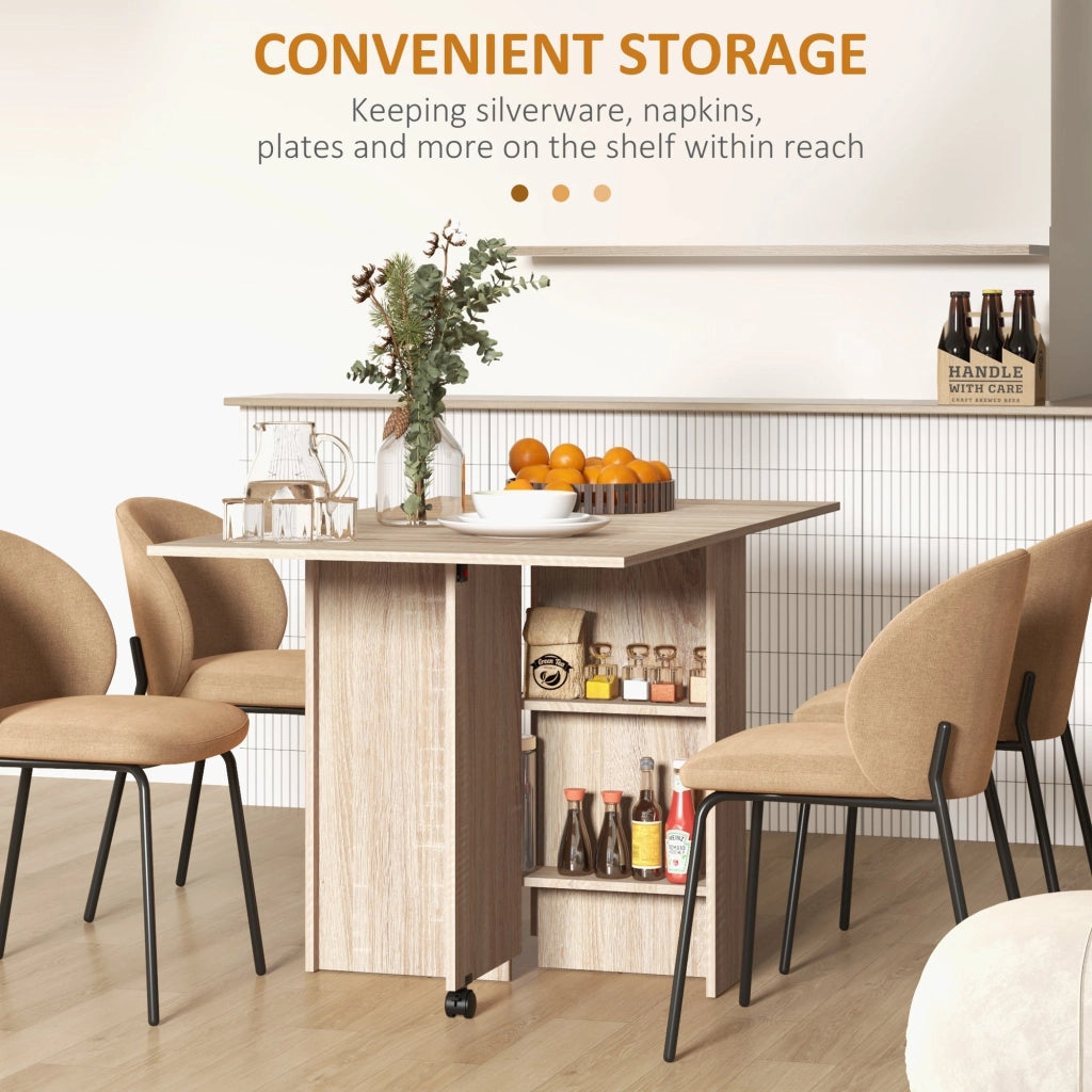 Tavolo Pieghevole con 2 Ribalte per 6 Persone con Ripiani e Rotelle Integrate  Legno Naturale
