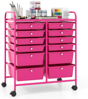Carrello con 12 cassetti, impilabile, carrello per cassetti, carrello da cucina, con ruote bloccabili, carrello per cucina, bagno, ufficio, 64 x 38 x 75 cm (rosa)
