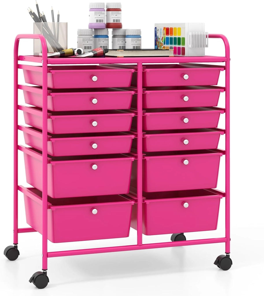 Carrello con 12 cassetti, impilabile, carrello per cassetti, carrello da cucina, con ruote bloccabili, carrello per cucina, bagno, ufficio, 64 x 38 x 75 cm (rosa)