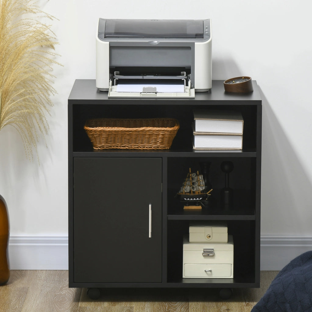 Mobile Porta Stampante 60x50x65,5 cm a Rotelle con Armadietto e 3 Ripiani Aperti in Legno Nero