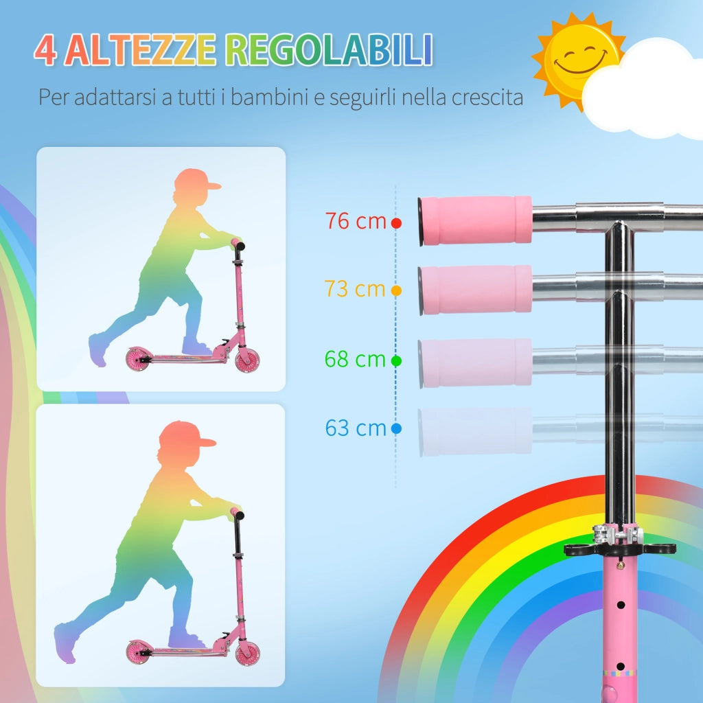 EasyComfort Monopattino per Bambini 3-7 Anni Pieghevole a 2 Ruote e Altezza Regolabile, 67x30x63/68/73/76 cm, Rosa