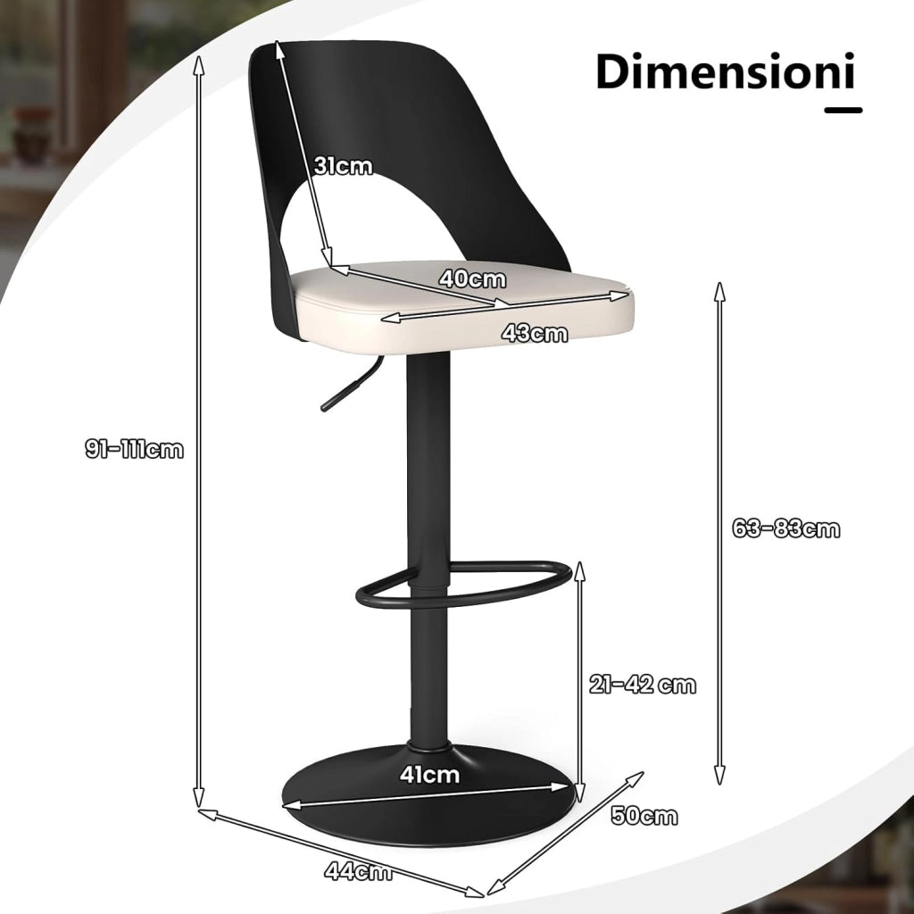 2 Sgabelli Girevoli da Bar Alta 91-111 cm, Set di Sgabelli con Seduta in Ecopelle, Poggiapiedi e Struttura in Metallo, Sedie per Cucina e Bistrò (Nero)