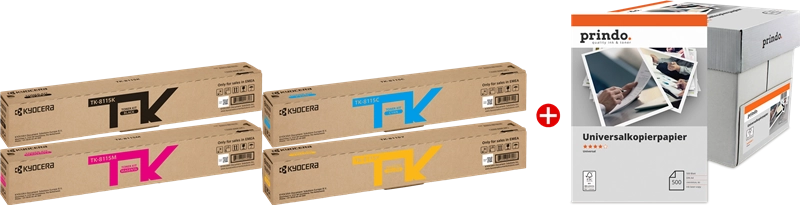 ORIGINAL Kyocera Value Pack nero / ciano / magenta / giallo / Bianco TK-8115 MCVP 01 + Prindo Universal Papier 2500 Blatt ~30000 Seiten