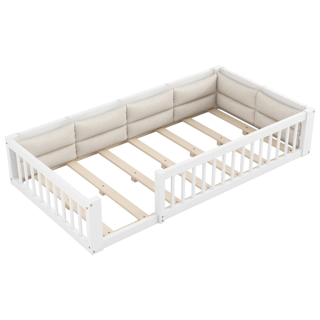 Letto a piattaforma 90x200, letto singolo bianco con cuscini e sponde