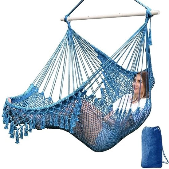 Sedia a Sospensione - Sedia a Sospensione Extra Grande - Corda di Cotone soffice Tessuta - Sostegno Metallico pieghevole - Sedile ampio - Sedia a Sospensione oscillante - Indoor & Outdoor - Giardino - 240x80cm - Blu Reale
