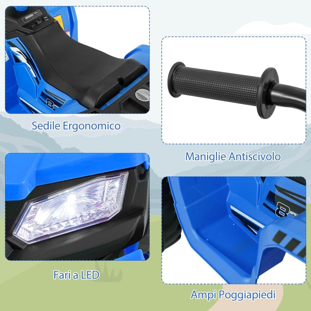 24V Quad Elettrico per Bambini, Macchina Elettrica Cavalcabile con Musica Radio Luci a LED, Avvio Lento, Velocità Fino a 5km/h, per Bambini 3-8 Anni (Blu)