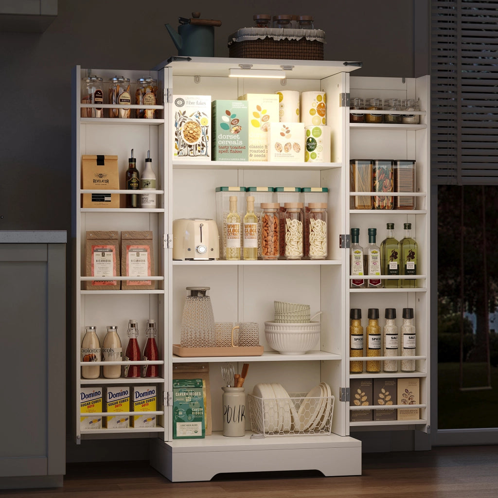Credenza da cucina alta con 2 ante; ripiani regolabili e LED per cucina in MDF 60×35×128;5 cm Bianco