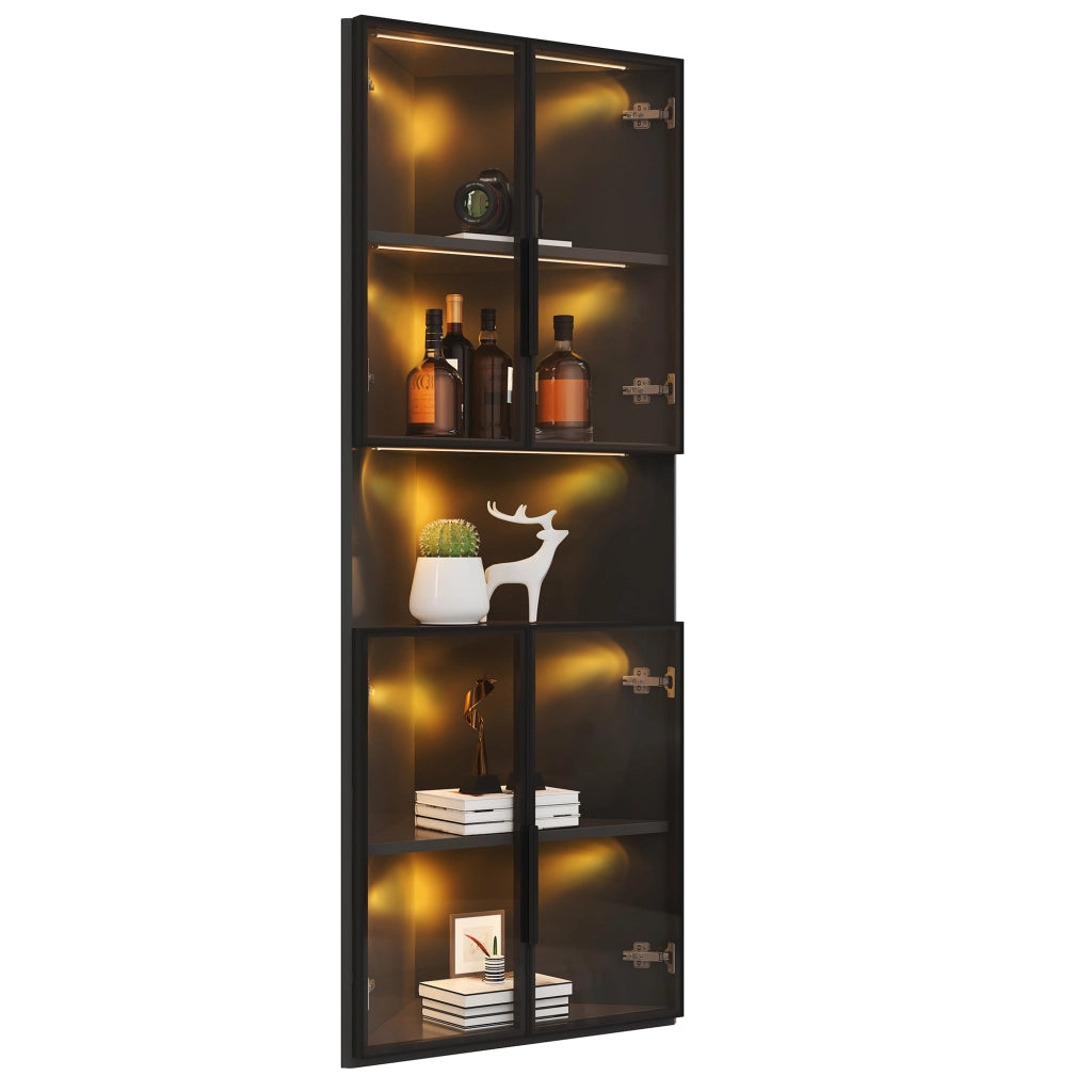 Vetrina ad angolo triangolare 62x32x160 cm nera con frontali in vetro, LED caldo e vano centrale aperto