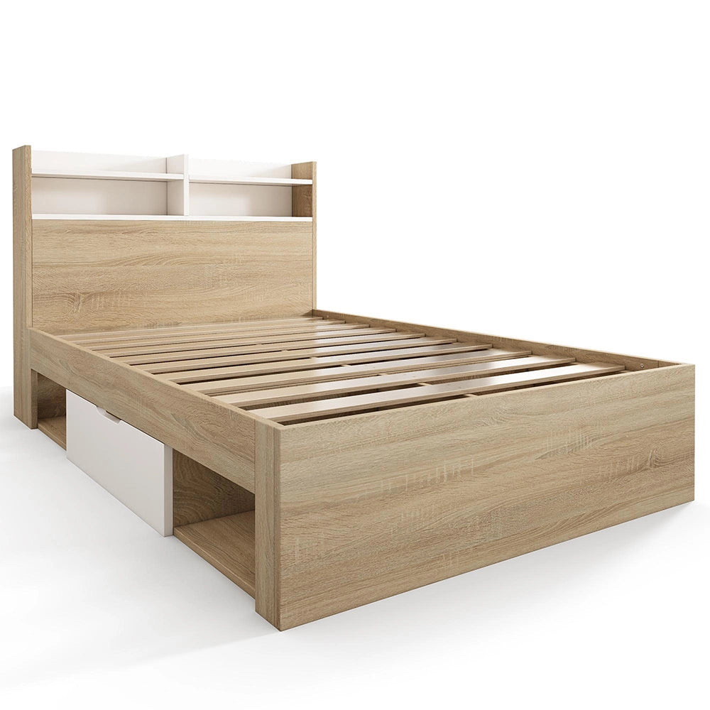 Letto legno-Xylo-90x200cm bianco/rovere 2 tiroir ripiani senza materasso