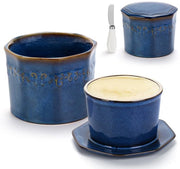 Crock per Contenitore da 9,8 oz con Linea d'Acqua, Grande Capacità Scatola per Burro con Coperchio e Spatola, Conservatore per Burro Spalmabile in Ceramica per Burro Molle (Blu)