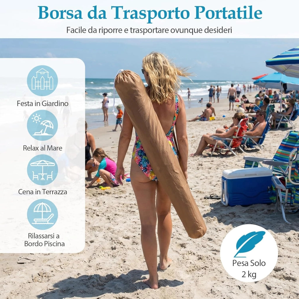 Ombrellone da Spiaggia 175 cm, Ombrelloe di Paglia PP con Borsa, Parasole Hawaiano con Inclinazione Regolabile, con Base, per Spiaggia Giardino Piscina (175 cm con Base)