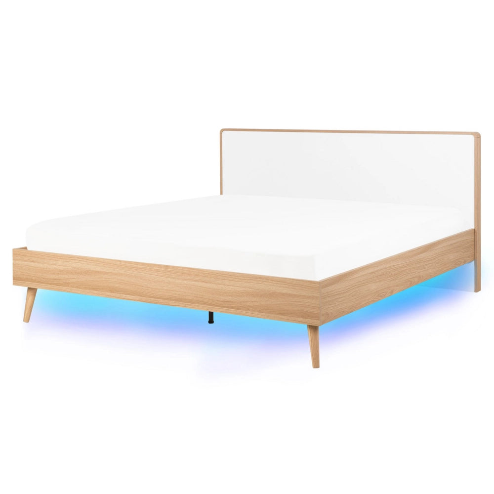 Letto a doghe in legno e testiera bianca 160 x 200 cm Illuminazione a LED Design scandinavo a doppia dimensione